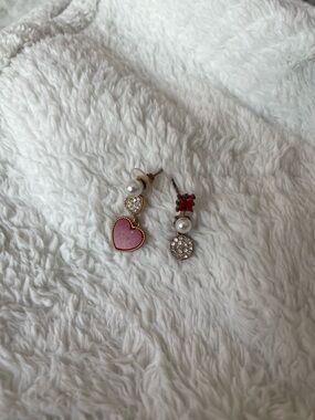 Gold-Tone Pink Heart Drop Earrings with Pearl & Crystal Accents